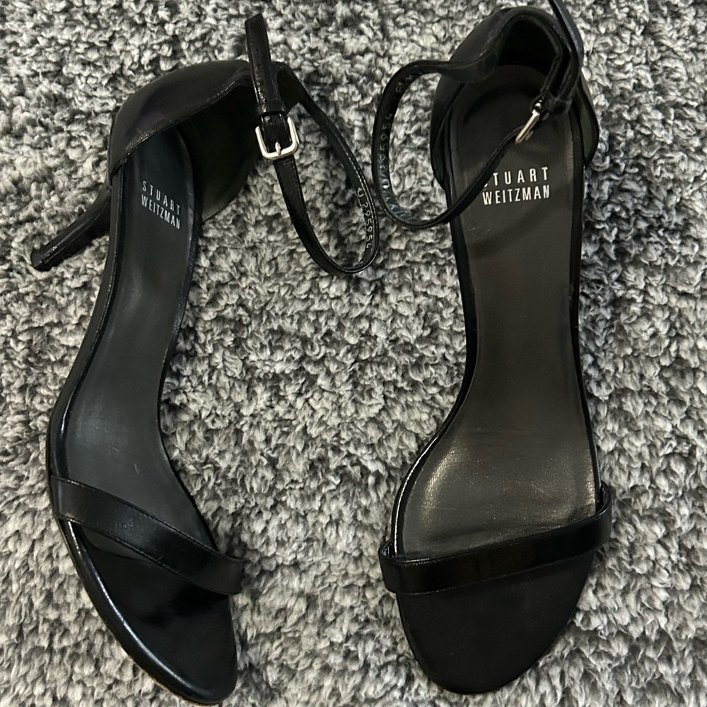 Stuart Weitzman Nudist Black Leather Kitten Heel Ankle Strap Pumps Size 8.5